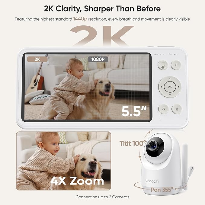 bonoch Add-on Baby Camera Unit for BBM14/BBM16 Only, 2K Video Baby Monitor Camera No WiFi, Split-Screen, Night Vision, 4X Zoom, 2-Way Audio, White Noise, 3Lullabies, Incompatible with Phone
