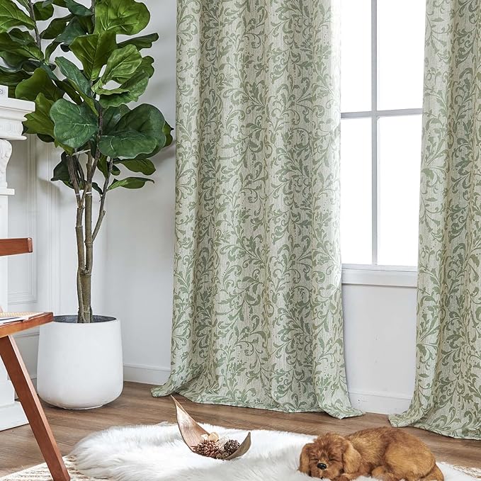 jinchan Blackout Curtains for Bedroom 84 Inches Long Green Scroll Floral Window Curtains for Living Room Farmhouse Vintage Drapes Thermal Insulated Grommet Window Treatments 2 Panels