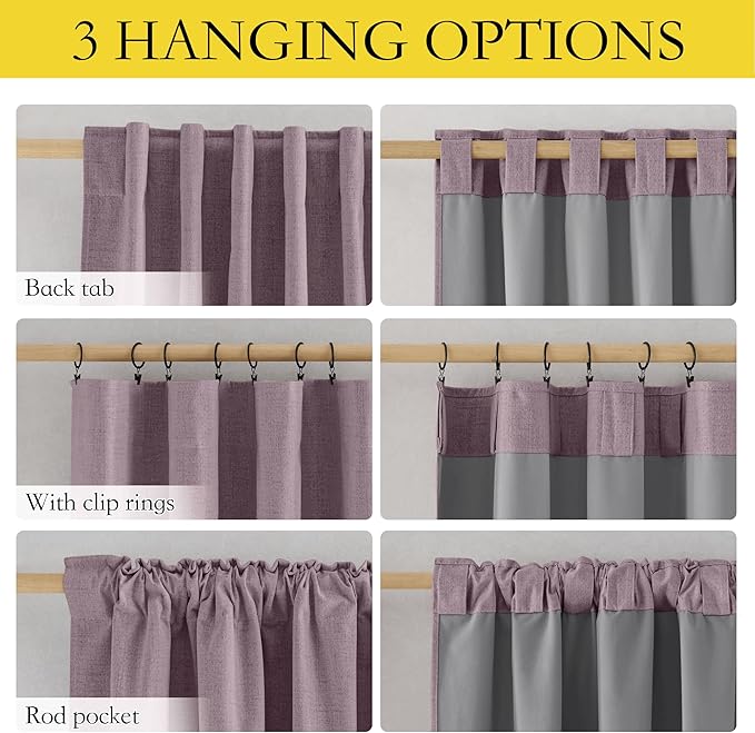 NICETOWN Chaise Mauve Vintage Linen 100% Blackout Curtains for Living Room, Thermal Insulated Curtains 84" Long, 52" Wide Per Panel, Set of 2, Noise Reducing Window Treatment Drapes for Hall Room
