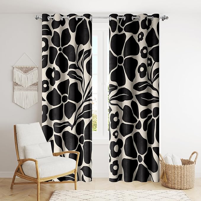 Boho Abstract Vintage Floral Blackout Curtains，Black Retro Flower Leaves Aesthetic Plant Window Drapes，Living Room Bedroom Decor 2 Panels 52x84 Inch