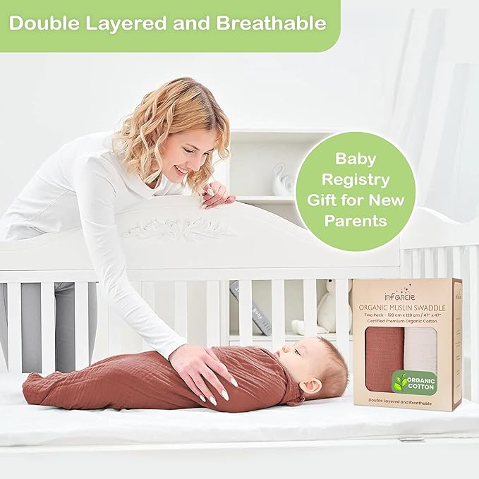 100% Organic Cotton Muslin Baby Blanket - 47 x 47 Inch Breathable Swaddle Blankets, Hypoallergenic Double-Layer, Soft and Cozy Newborn Baby Blanket for Sleeping and Everyday Use (Rust/Ivory)