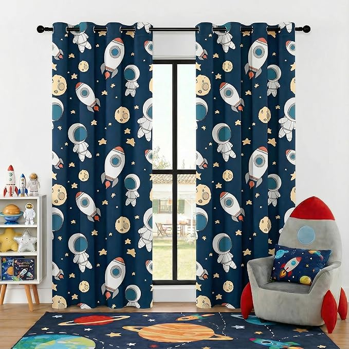Kids Space Astronaut Planets Rockets Blackout Curtains - 100% Blackout, Thermal Insulated, Noise Reducing, for Kids Room and Nursery, 2 Panels (Astro Buddy Rockets, W52×L84)