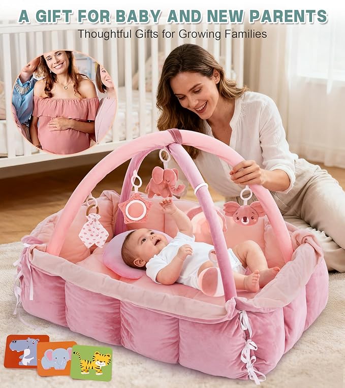 5-in-1 Baby Play Gym and Tummy Time Mat, Tummy Time Pillow & 12 Learning Cards, Plush Activity Mat with 6 Toys, Baby Gym, Convertible to Ball Pit, Baby Gift, Light Pink