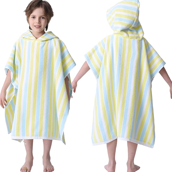 VOOVA & MOVAS Poncho Towels for Kids - 100% Cotton (4-8Years) - Absorbent Quick Dry Lightweight Hooded Towel Robe for Pool | Swim | Beach | Bath | Bathroom, Yellow Blue Stripe