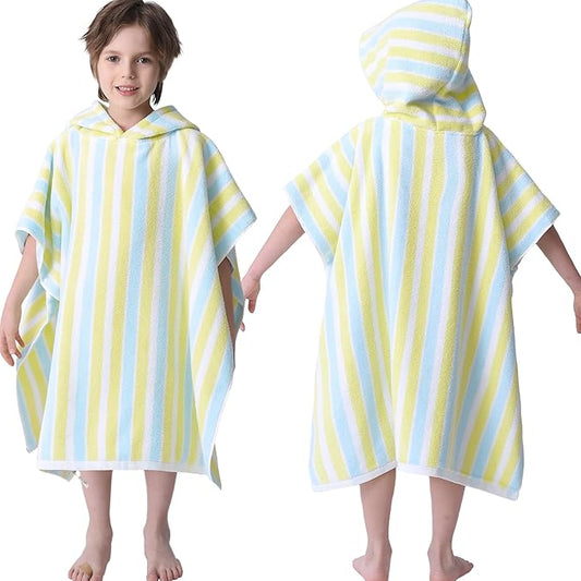 VOOVA & MOVAS Poncho Towels for Kids - 100% Cotton (4-8Years) - Absorbent Quick Dry Lightweight Hooded Towel Robe for Pool | Swim | Beach | Bath | Bathroom, Yellow Blue Stripe