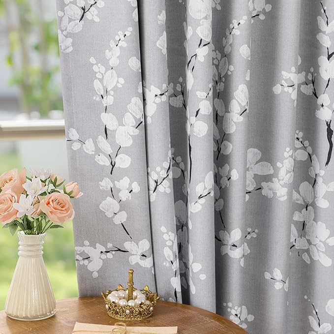 FMFUNCTEX 100% Blackout Floral Curtains for Bedroom, Grey Curtains 63 inch Length Blossom Flower Patterned for Living Room,Thermal Insulated Drapes Farmhouse, Grommet Top 2 Panels (White on Grey)