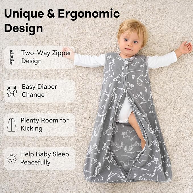 Unnivoll Fleece Baby Sleep Sack 6-12 Months 1.0 Tog Baby Wearable Blanket Microfleece Sleeping Sack with 2-Way Zipper for Newborn Infant Grey & White Dinosaur