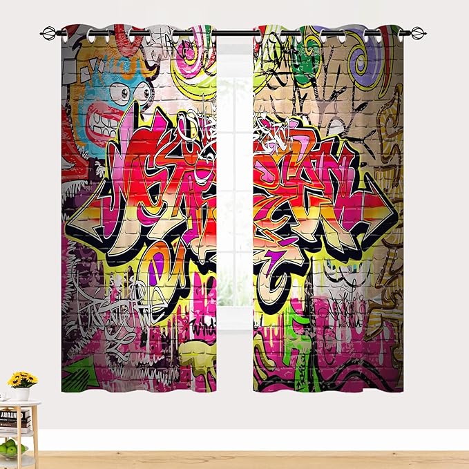 Graffiti Blackout Curtains W52 x L84 Inch Grommet Thermal Insulated Room Darkening Window Drapes Colorful Hip Hop Hippie Doodle Urban Print Pattern for Kids Boys Youth Teen Bedroom 2 Panels