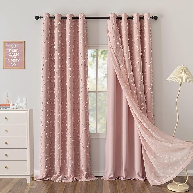 MYSKY HOME Pink Curtains for Bedroom 95 Inches Long Living Room Curtain with Pink Pom Pom Sheer for Dining Room Grommet Double Layer Nursery Curtain Drapes Room Darkening Window Panels 52 Wide