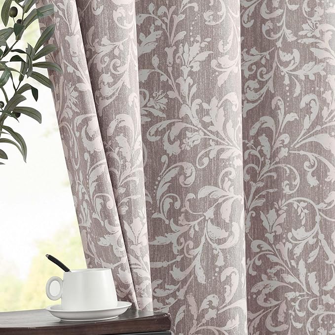 jinchan Blackout Curtains for Bedroom, Taupe Grey Scroll Floral Patterned Curtains 84 Inch Length for Living Room, Vintage Art Deco Drapes, Thermal Insulated Window Curtains Grommet 2 Panels