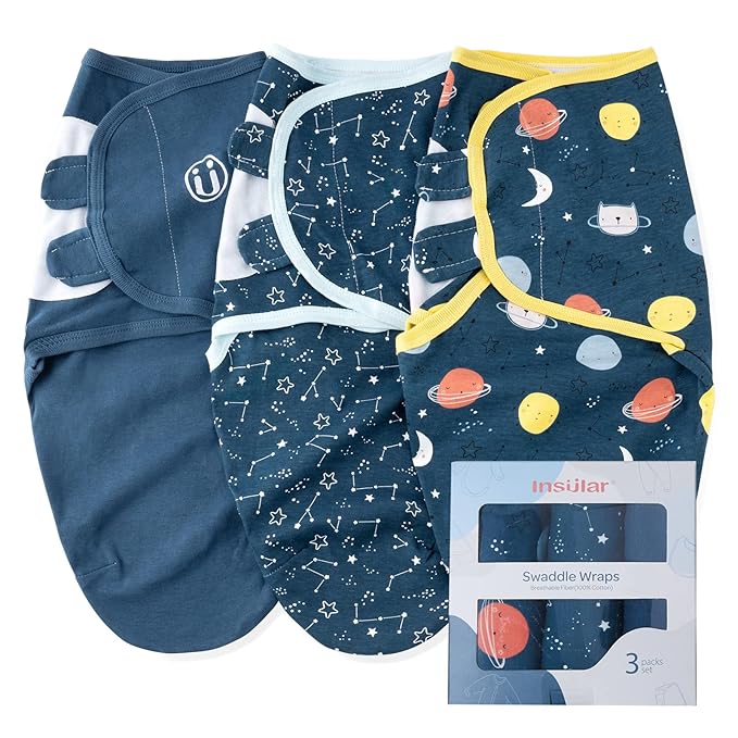 insular Baby Swaddle Wrap, Swaddle Blanket for Newborn and Infant, Adjustable Swaddling Set for Boy and Girl, Soft Cotton Baby Sleep Sack 3 Pack, Space, Medium(3-6 Month)