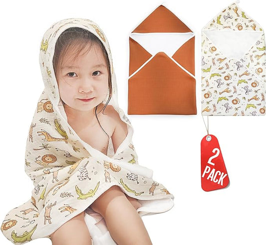 2-Pack Muslin Hooded Baby Towels, 100% Cotton, Towels for Babies, Infants, Toddles, Soft and Absorbent for Boy and Girl, Double Layered Towel with Hood, Babies Muslin Towel Set (Cute Animals)