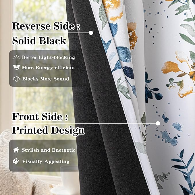 MYSKY HOME 95% Blackout Floral Curtains 72 inch Long for Bedroom Living Room Flower Patterned Room Darkening Thermal Insulated Soundproof Grommet Window Treatments, 2 Pcs, 52" Wide, Yellow and Blue