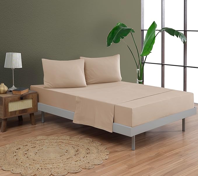 100% Cotton Bed Sheet Set with Deep Pocket - T-Shirt Fabric Jersey Knit - Extra Soft - Easy Fit - 3 Piece Set with Pillowcase - All Season - Comfy – 3 pcs (Beige, Twin)