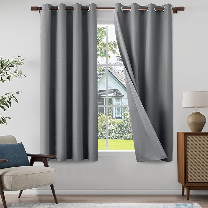 100% Blackout Linen Textured Curtains for Children's Room, Bedroom, Light Weight Curtains with Grommets Top, Full Blackout Curtains Privacy Protection, Gray, 52" W x 63" L, 2 Panels
