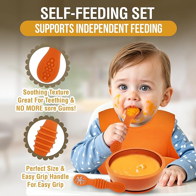 HippoBaby 6 Piece Baby Bowls With Suction and Lids | Toddler Bowl Set with 1 Bowl, 1 Bib, 2 Baby Spoons, 1 Large Spoon, 1 Large Fork, Baby Feeding Essentials (1, Cream)