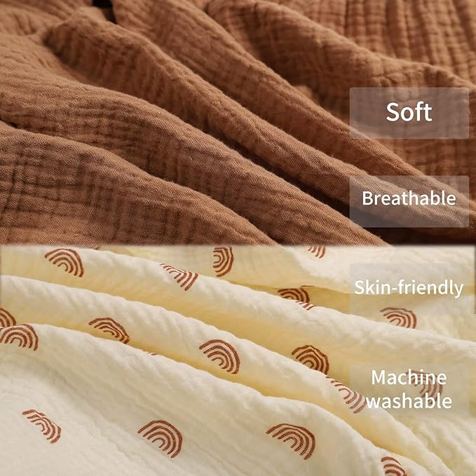 Onacosht Muslin Mini Crib Sheets, 39" x 27" Pack and Play Mattress Sheets Fitted for Pack N Play, Soft Cotton for Boys Girls, 2 Pack, Natural and Rainbow