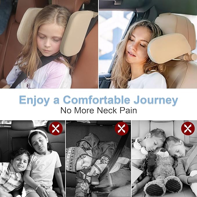 Car Headrest Pillow, Adjustable Head Rest Pillow for Car Seat, Head Neck Support for Kids Adults Travel Sleeping, Fit for Headrest with Poles (Beige)