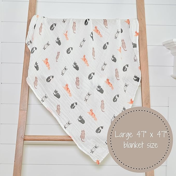 LollyBanks Muslin Swaddle Blankets 2PACK, 100% Cotton Baby Blanket 47 x 47 Inches, Large Baby Swaddle Breathable, Muslin Blankets for Boys and Girls (Cat and Dog Print)