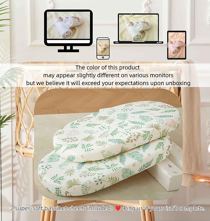 SDY Jersey Bassinet Sheets for Baby Boys and Girls,32 "x 16 "x 4", 2 Pack, Green Standard Oval/Retangle Bassinet Mattress Sheets for Toddler,Super Soft Breathable
