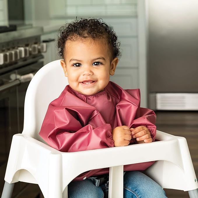 Tiny Twinkle Long Sleeve Bib for Babies & Toddlers | 2-Pack Waterproof Smock Bib for Eating | Machine Washable & Mess-Proof Feeding Essentials | Newborn Shower Gift (Rose Burgundy,6–24M)