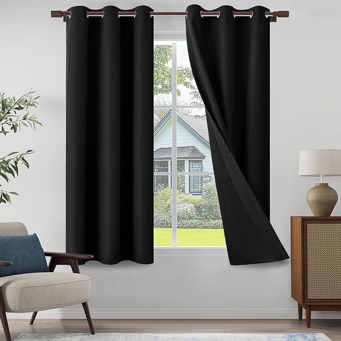 100% Blackout Curtains 72 Inch Length 2 Panels Set for Children's Room, Bedroom, Light Weight Curtains with Grommets Top, Full Blackout Curtains Privacy Protection, Black, 37" W x 72" L