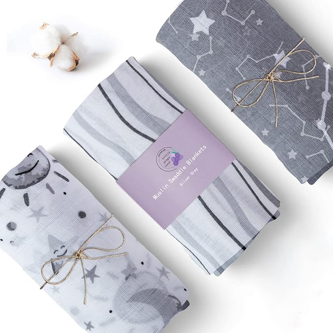 Little Grape Land Muslin Swaddle Blankets 47''x47'' 3 Pack, 100% Cotton Large Size Baby Swaddles for Newborn, Soft Breathable Baby Blankets for Newborns, Stars/Grey