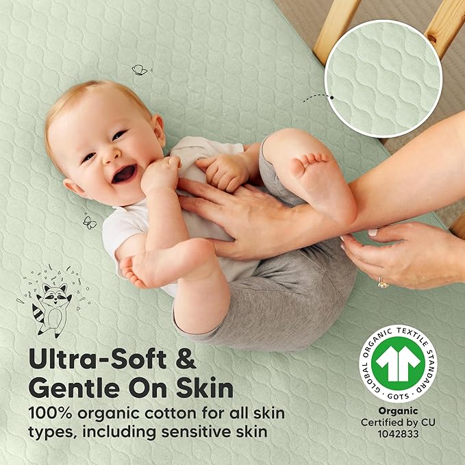 2-Pack Waterproof Crib Mattress Protector Cover Fitted - Quiet Baby Crib Mattress Pad Sheets, 52" x 28" Soft Quilted Cotton Baby Sheet, Machine Washable, Easy Fit, Durablee (Sage/Mavy)