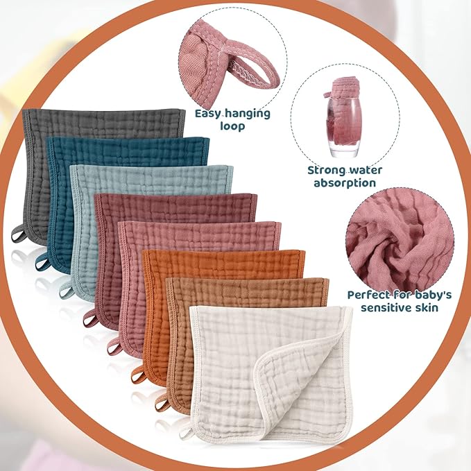 8 Packs Muslin Burp Cloths Large 20" x 10", 6 Layers Unisex Baby Absorbent 100% Cotton Burp Rags Colorful Muslin Washcloths for Baby Plain Soft Cotton Cloth for Babies Girls Boys(Vintage Colors)