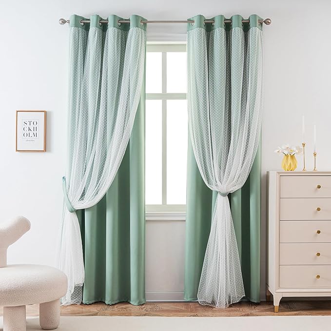 MYSKY HOME Curtains for Girls Bedroom & Nursery Kids Green Cute Curtains 63 inch Long Double Layer with Polka Dots Sheer, Grommet Tops, 52" Wide Each Panel, 2 Panels