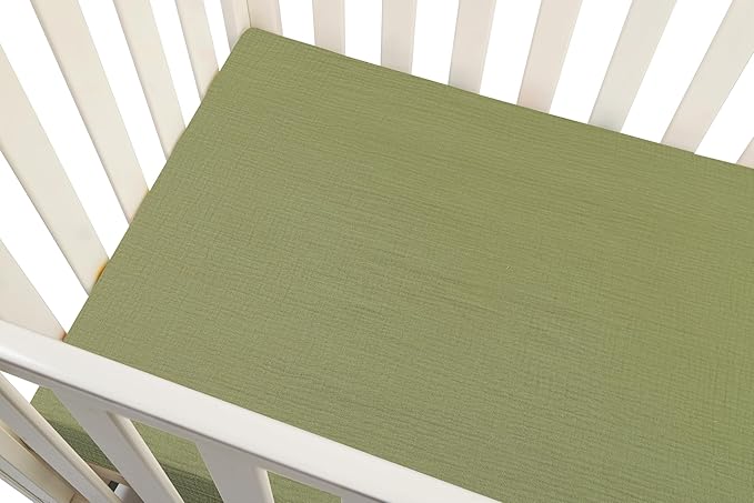 Onacosht Muslin Mini Crib Sheets, 39" x 27" Pack and Play Mattress Sheets Fitted for Pack N Play, Soft Cotton for Boys Girls, 2 Pack, Leaf and Yellowish Green