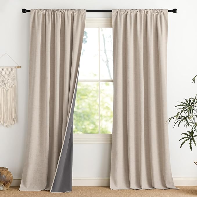 NICETOWN Natural Faux Linen 100% Blackout Curtains, 2 Panels Set, 52 x 96 Inch, Rod Pocket Thermal Insulated Room Darkening Drapes for Bedroom, Living Room, Nursery, Farmhouse Decor, Noise Reducing