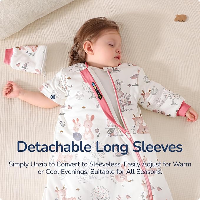 Baby Sleep Sack 3–6 Months, 2.5 TOG Warm Cotton Sleep Sack with Detachable Long Sleeves, Winter Wearable Blanket for Cold Nights, 2-Way Zipper Toddler Sleeping Sack, Bunny