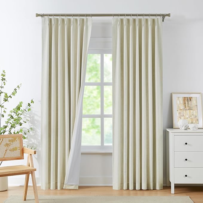 WEST LAKE Ivory Pearl Full Blackout Curtains with Liners 72 Inches Long,Bailey Pinch Pleated Drapes with Back Tabs Hooks 2 Panels,Rustic Linen Textured Window Treatment Bedroom Living Room,40"Wx72"Lx2