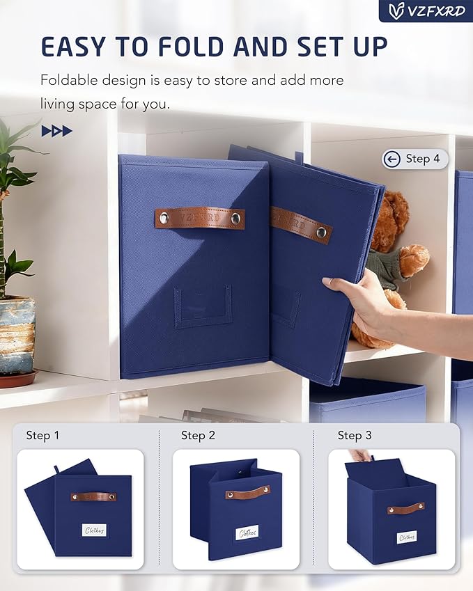 10.5 Inch Storage Cubes with Labels, 6-Pack Non-Woven Fabric Bins with Handles, Foldable Organizer for Closet, Shelf, Bedroom, Home Organization (Blue)