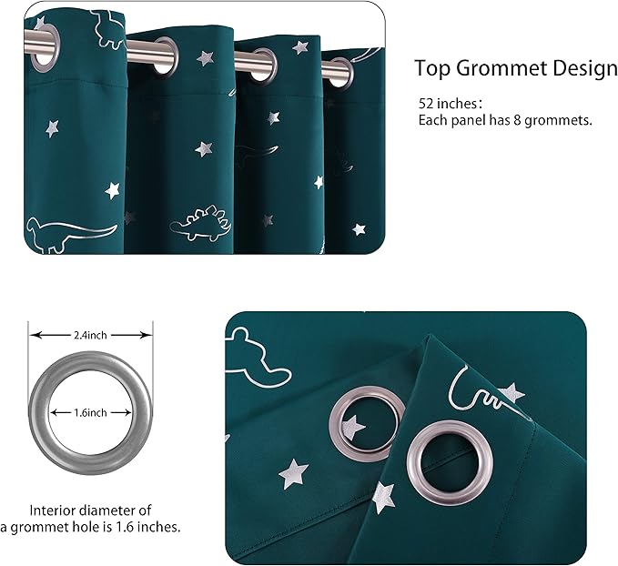 LORDTEX Dinosaur and Star Foil Print Blackout Curtains for Kids Room - Thermal Insulated Curtains Noise Reducing Window Drapes for Boys and Girls Bedroom, 52 x 63 Inch, Sapphire, Set of 2 Panels