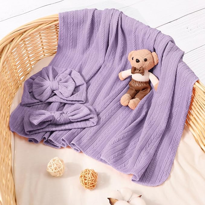 BQUBO Baby Swaddle Blankets for Girls, 4PCS Newborn Accessories Set with Matching Hat and Bow Headband with Hello World Wooden Birth Announcement Card, Baby Blankets for Girls (Purple)