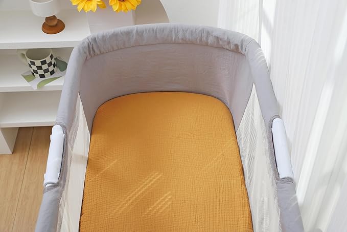 Onacosht Muslin Bassinet Sheets 33" x 19" Compatible with Mika Micky, KoolaBaby (3 in 1), BabyBond, HARPPA and RICUTON Bedside Bassinet, 2 Pack for Baby Boy and Girl, Yellow and Brick