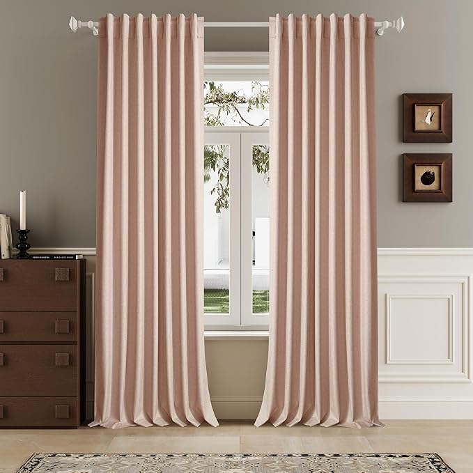 120 Inch Extra Long Linen Baby Pink Curtains Floor to Ceiling for Sliding Glass Doors 2 Panels, Flax Linen 100% Blackout Elegant Boho Thermal Curtains for Large Windows 10 FT Drapes,50 x 120 Inch