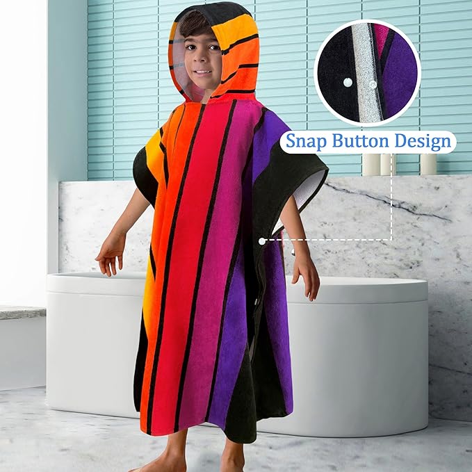 VOOVA & MOVAS Hooded Poncho Towels for Big Kids - (6-12Years), Absorbent Soft 100% Cotton Beach | Bath | Pool Swim Towel with Hood for Boys | Girls - Stripe