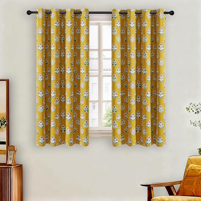 RYB HOME 100% Blackout Floral Curtains for Living Room Bedroom, Flower Patterned Thermal Insulated Soundproof Grommet Window Treatment Drapes for Dining Room, Yellow, W52 X L63, 2 Panels