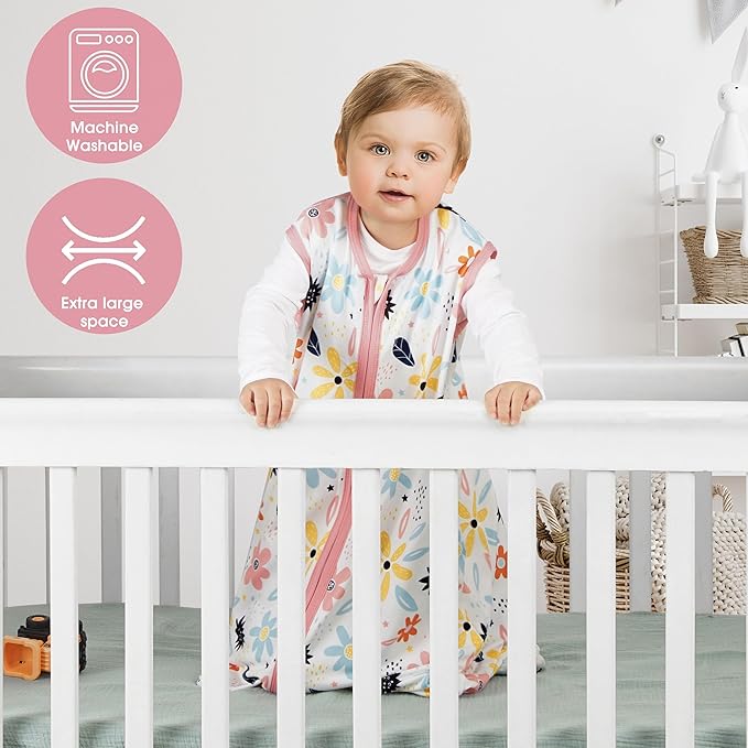 BSTOPPT 3 Pack Baby Sleep Sack 12-18 Months 100% Rayon Cotton Baby Sleeping Bag 2-Way Zipper Toddler Wearable Blankets Comfy Stretchy Lightweight TOG 0.3 （Heart&Pink&Floral）