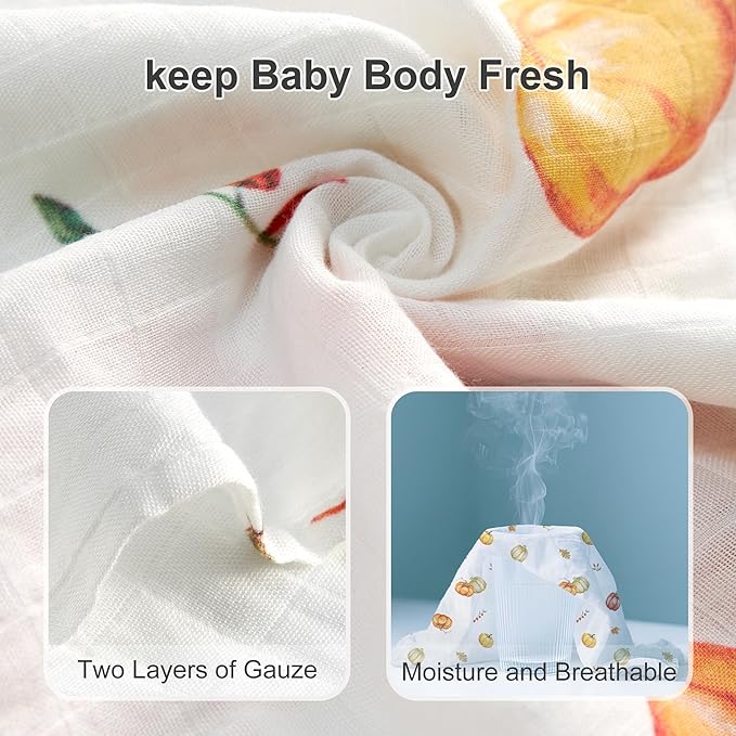 70% Rayon Made from Bamboo 30% Cotton Muslin Swaddle Blanket, 47 x 47 Inches, Pumpkin Print Baby Receiving Blanket, Soft and Breathable, Unisex, 2 Pack