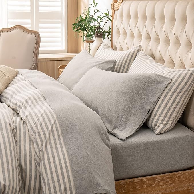 PURE ERA Jersey Knit 4pc Bed Sheet Set 100% T-Shirt Heather Cotton Super Soft Comfy Breathable Fits Mattress Up to 20" Extra Deep Pocket (Heather Light Grey, King)
