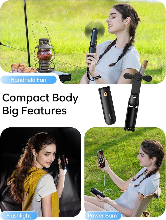 JISULIFE Handheld Fan with 4500 mAh Powerbank Max 37 Hours Runtime, Pocket Portable Battery Operated or USB Powered Folding Personal Fan, 3 Speeds, Valentines Day Gifts for Her Him-Black