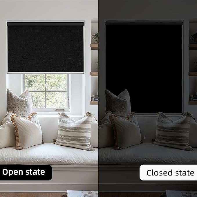 ChrisDowa Cordless 100% Blackout Roller Shade, with Striped Jacquard, Thermal Insulated, UV Protection Fabric, Total Blackout Blinds for Window, French Doors, Home and Office Black, 43" W x 72" H