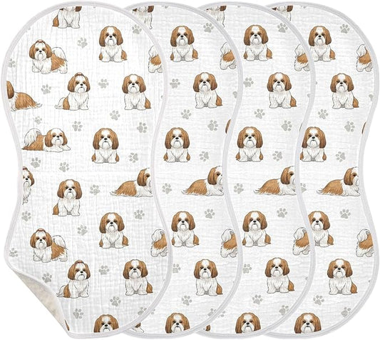Qinllo 4 Pack Muslin Burp Cloths Shih Tzu Dogs White Cotton Baby Burp Cloths Absorbent Soft Burping Cloth Washcloths for Newborn Boys Girls 22x11 Inch