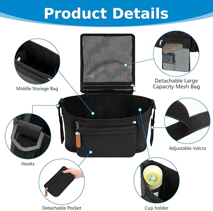 Accmor Universal Stroller Organizer with Detachable Phone Bag and Diaper Pocket, Stroller Bag Caddy Organizer Stroller Accessories for Uppababy, Baby Jogger, Nuna, Doona, Britax Strollers