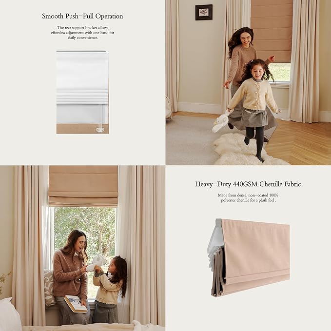 Blackout Roman Shades Cordless for Windows, Pull Down Window Shades Blinds with Heavy 430GSM Chenille & White Backing & Thermal Insulated & Hidden Cords, 36x60 Inches (Warm Beige)