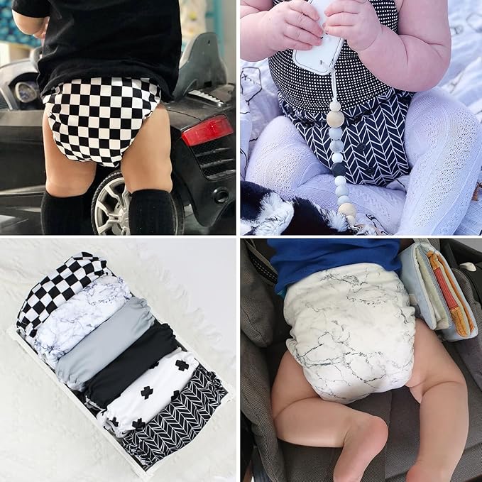 Mama Koala 3.0 Cloth Diapers for Babies with Suede Lining, 6 Pack with 6 Natural Cloth Diaper Inserts - Reusable and Washable Pocket Diapers (S-B&W)